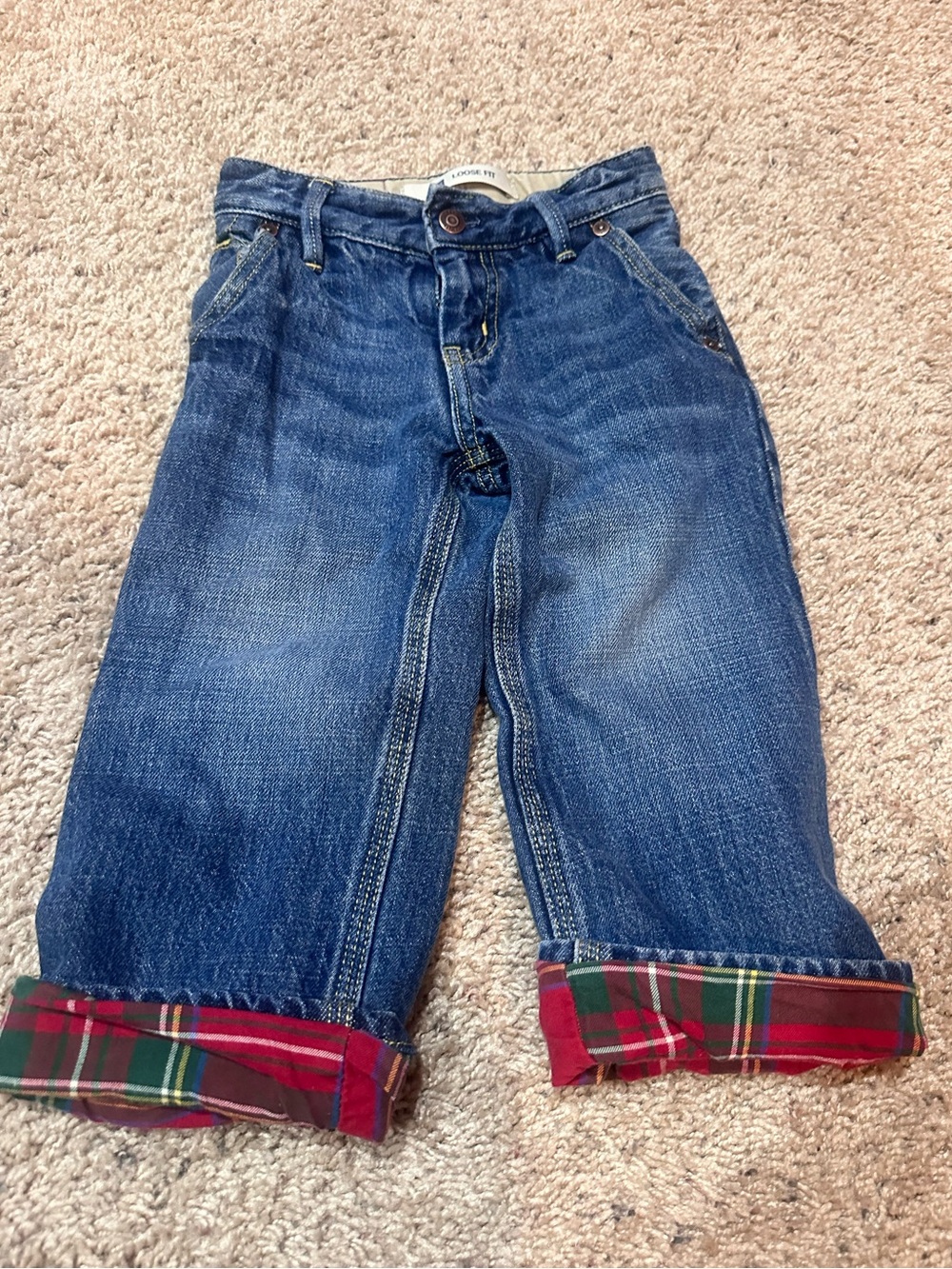 Gap Children's Denim Roll-Cuff Jeans with Plaid Trim - Blue